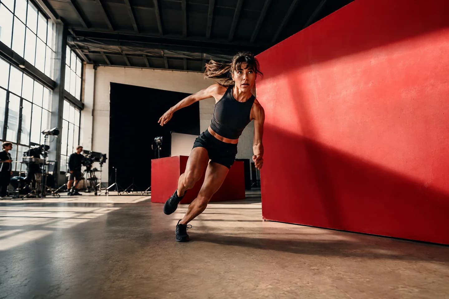 Toma FPV de una atleta durante una producción publicitaria en estudio
